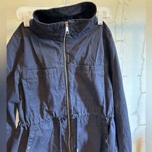 Old Navy Blue Canvas Waist Cinch Tie Zip Up Mid Length Coat Jacket